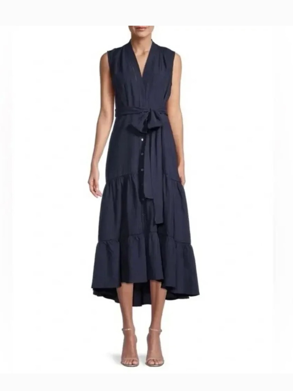 Kobi Halperin Navy Sleeveless High-Low Tie-Waist Tiered Dress